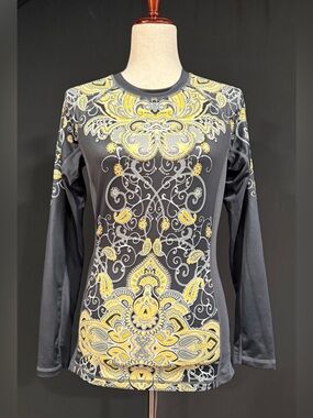 Athleta Women’s Black/Gray Top with Yellow Baroque Long Sleeve Shirt